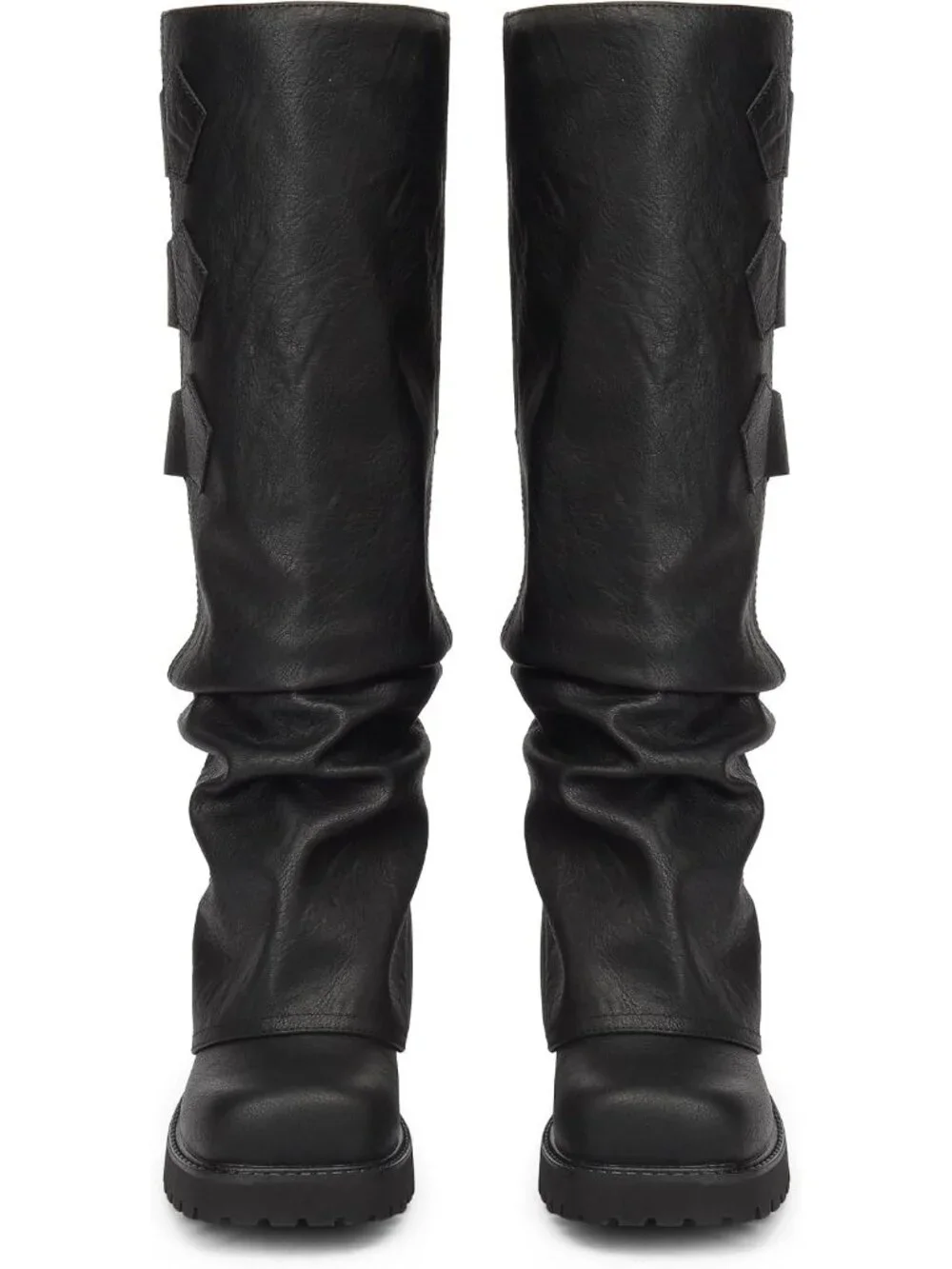 Women's Black Block Heeled Square Toe Fold Over Knee High Moto Riding Boots